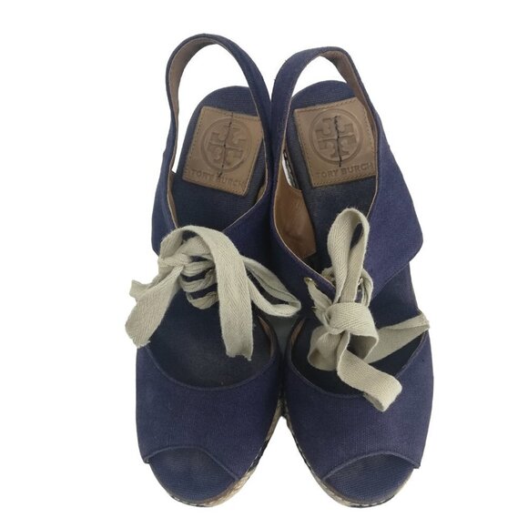 Tory Burch Wedge Espadrille Linley Platform Sandals Size 6.5-7? Peep Toe Blue - Picture 3 of 15